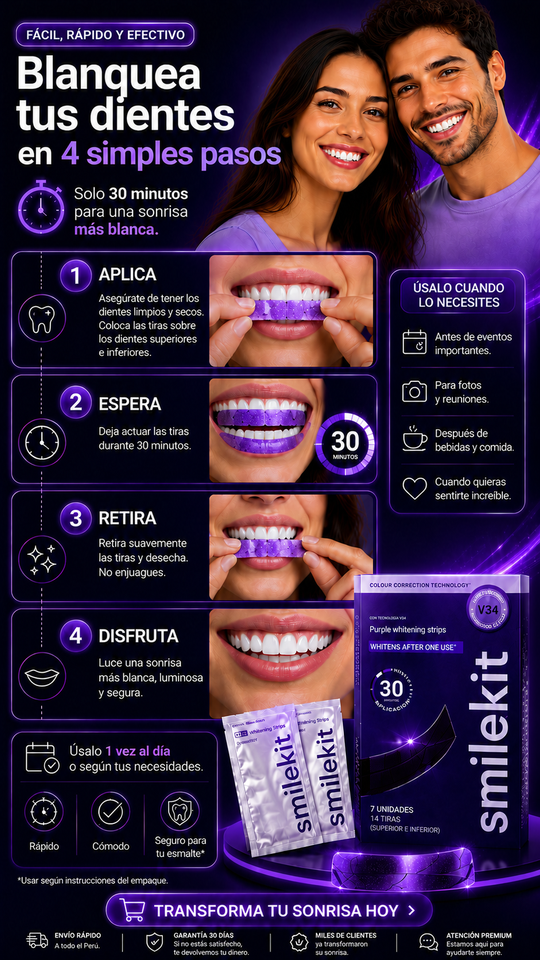 Smilekit Tiras Violetas: Blanqueamiento Dental en 30 Minutos